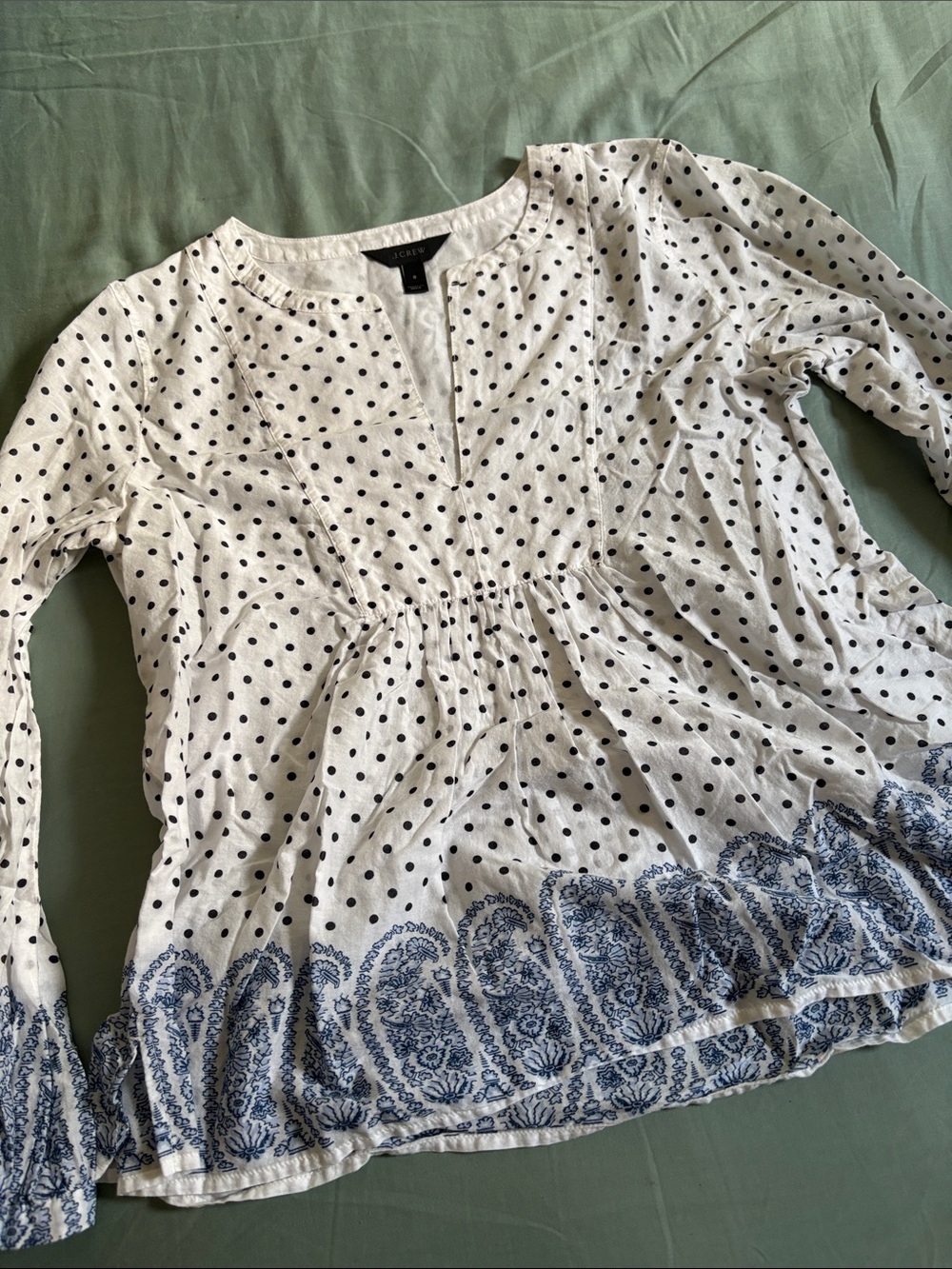 J. Crew White Polka Dot Peasant Top with Blue Printed Hem